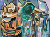 une peinture représentant une peinture de bateaux posée sur une table