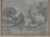 dessin d'un paysage avec des arbres et une rivière au premier plan