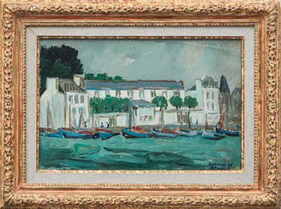 an oil painting of boats in a harbor with buildings in the background