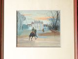 un tableau représentant un homme à cheval devant une maison