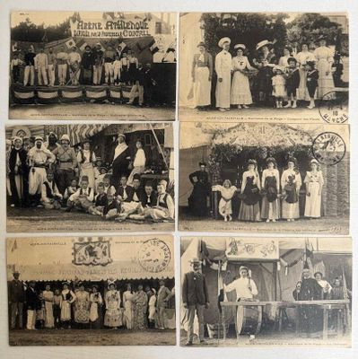 plusieurs vieilles photos en noir et blanc montrant un groupe de personnes devant une tente