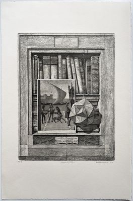 une image représentant un dessin d'une étagère avec des livres et un parapluie