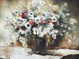 une peinture représentant un vase de fleurs sur une table
