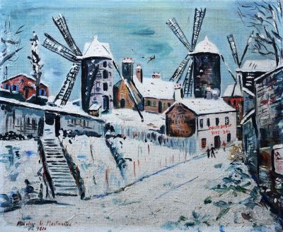 une peinture à l'huile représentant une ville enneigée avec des moulins à vent en arrière-plan