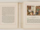 an open book with a picture of a man in a library