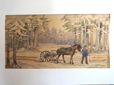 un tableau représentant un cheval tirant une calèche dans la neige