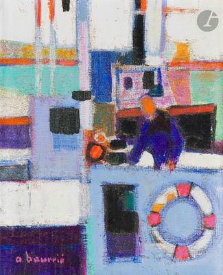 un tableau représentant un homme sur un bateau, muni d'un gilet de sauvetage