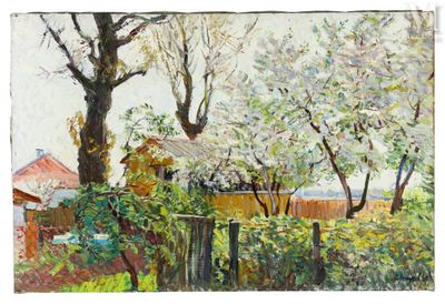 une image représentant un tableau où l'on voit une maison et des arbres dans un jardin