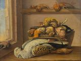 tableau représentant une nature morte avec un oiseau, un canard et d'autres oiseaux dans un panier posé sur une table