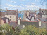 une peinture représentant une vue d'une ville depuis une colline