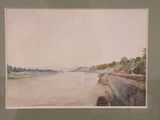 framed watercolor painting of a view of a river with a bridge in the distance
