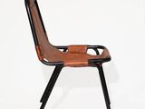 a chair that has a brown leather seat and a black metal frame