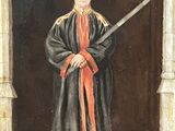 painting of a man in a red cap and black robe holding a sword