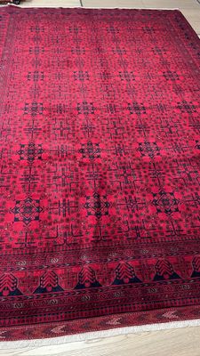 Tapis Afghan fond rouge et bleu foncé 295 X 200