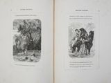 two pages of an old book with illustrations of people riding horses