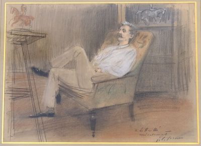 painting of a man sitting in a chair with his feet up