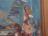 painting of two women on a boat with flags in the background
