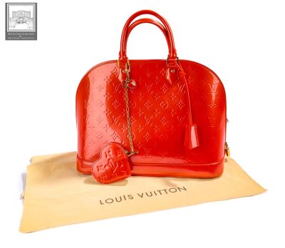 louis vuitton red monogramet leather handbag with gold hardware