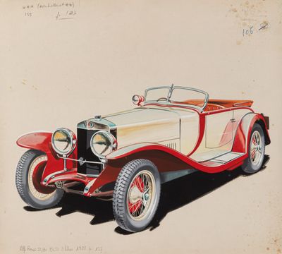 dessin d'une voiture de collection rouge et blanche avec un toit rouge