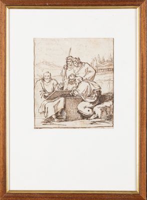a drawing of a woman sitting on a stool with a dog