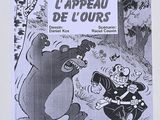 dessin représentant un ours et un homme dans une forêt peuplée d'arbres