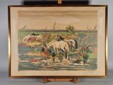 tableau représentant des chevaux s'abreuvant dans un ruisseau au milieu d'un champ