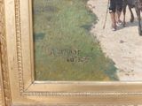 a painting of a man and a dog walking down a path