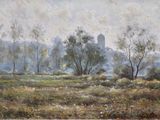 une peinture à l'huile représentant un champ avec des arbres et des bâtiments en arrière-plan