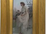 tableau représentant une femme en robe blanche assise sur un rebord