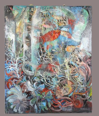 une peinture à l'huile représentant un tableau représentant une forêt avec des arbres et des plantes