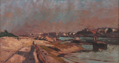 peinture représentant une scène de plage avec des bateaux dans l'eau