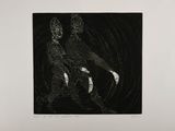 an image of a black and white drawing of two people in the dark