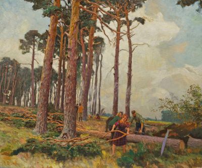 an image of a painting of a group of people working in a forest