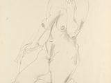 drawing of a nude woman sitting on a chair with her hand on her chin