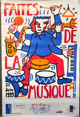 affiche représentant un homme jouant d'un instrument de musique devant un bâtiment