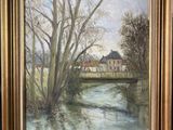 an oil painting of a river with a house in the background