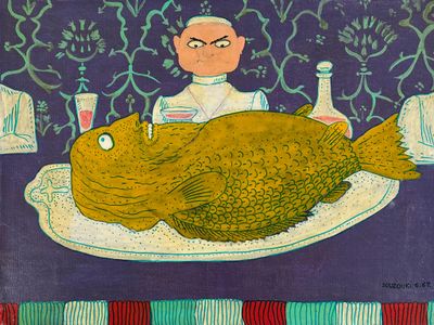 un tableau représentant un homme assis à une table sur laquelle se trouve un poisson