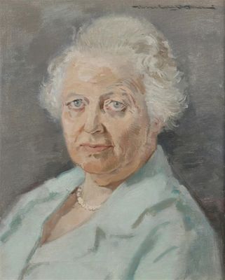an oil painting of a woman in a blue shirt and pearls