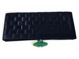 black leather wallet with a green button on the front