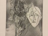 dessin au crayon représentant un homme marchant, un masque sur la tête