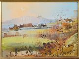 an oil painting of a farm scene with chickens in the foreground