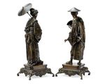 pair of antique bronze figurines of asian women with umbrellas