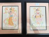 two framed paintings of a woman and a man on a black background