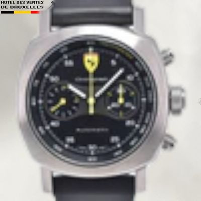 a black watch with yellow hands on a black strap