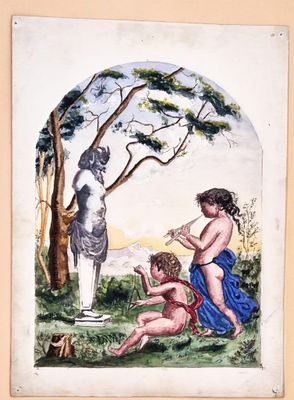 Aquarelle allégorique représentant des putti jouant de la mu…