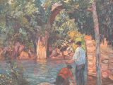 an oil painting of a man and a dog by a river