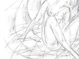 drawing of a woman sitting on a bed with her head in her hands