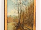 an oil painting of a river with trees in the background