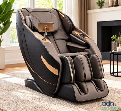 a massage chair sitting on top of a rug in a living room