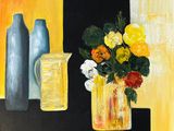 une peinture représentant un vase de fleurs sur une table